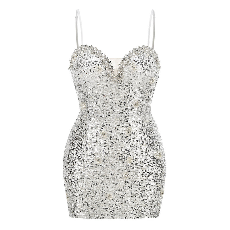 Luxury Pearl Rhinestone Spaghetti Strap Sequin Bodycon Mini Party Dress