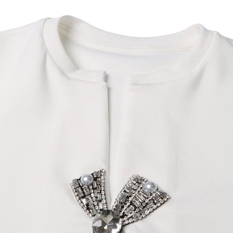 Luxury Rhinestone Bow Split Short Sleeve Notched V Neck Crop Top