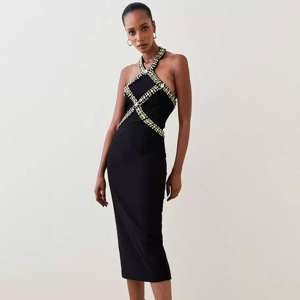 Luxury Rhinestone Embellished Halter Neck Open Back Bandage Midi Cocktail Dress