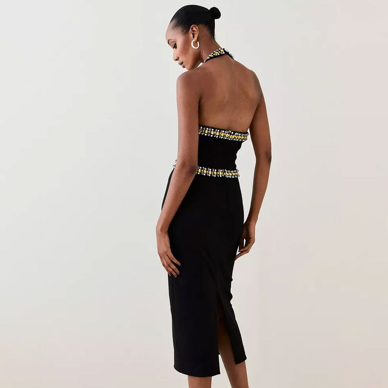 Luxury Rhinestone Embellished Halter Neck Open Back Bandage Midi Cocktail Dress