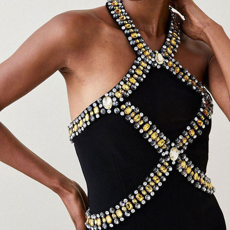 Luxury Rhinestone Embellished Halter Neck Open Back Bandage Midi Cocktail Dress