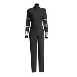 Luxury Rhinestone High Neck Long Sleeve Bodycon Bandage Jumpsuit