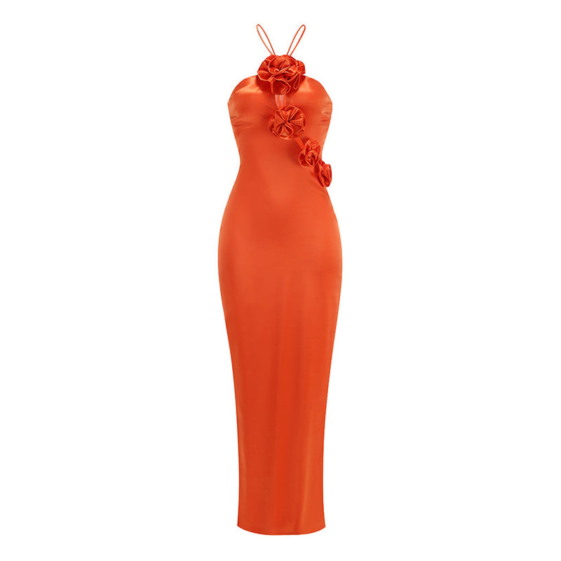 Luxury Rosette Trim Cut Out Tie Back Sleeveless Bodycon Satin Maxi Dress