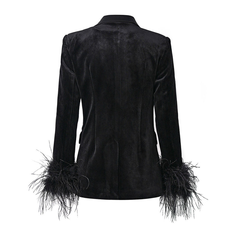 Luxury Satin Lapel Padded Shoulder Button Up Feather Tailored Velvet Blazer