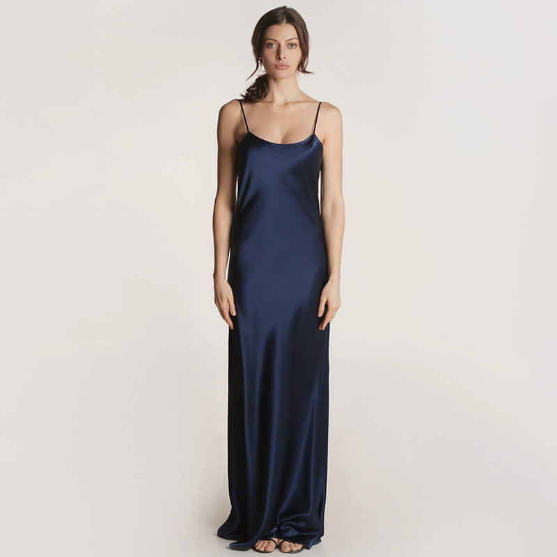 Luxury Scoop Neck Spaghetti Strap Backless Silk Satin Maxi Slip Dress