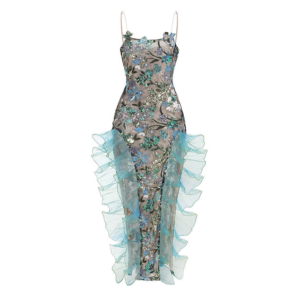 Luxury Sequin Floral Embroidered Organza Ruffled Split Mesh Maxi Slip Dress