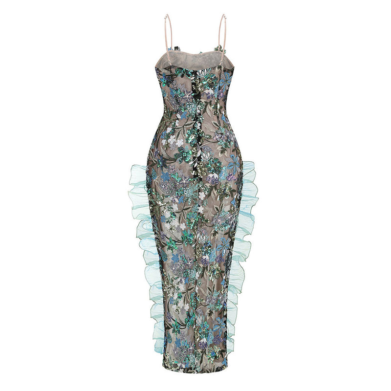 Luxury Sequin Floral Embroidered Organza Ruffled Split Mesh Maxi Slip Dress