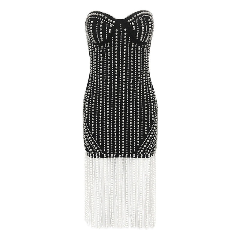 Luxury Strapless Bustier Bodycon Bandage Imitated Pearl Fringe Mini Dress