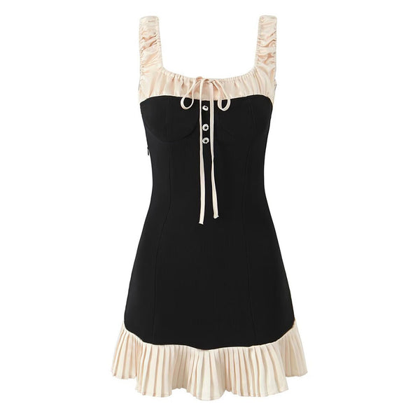 Luxury Tie Neck Scrunched Strap Ribbed A Line Satin Pleated Mini Sundress