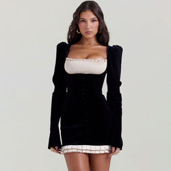 Luxury Two Tone Satin Smocked Puff Sleeve Pleated Velvet Corset Mini Party Dress