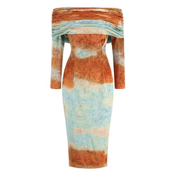 Magnificent Tie Dye Foldover Off Shoulder Velvet Bodycon Midi Cocktail Dress