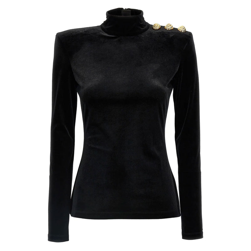 Metallic Buttoned High Neck Padded Shoulder Long Sleeve Slim Velvet Top