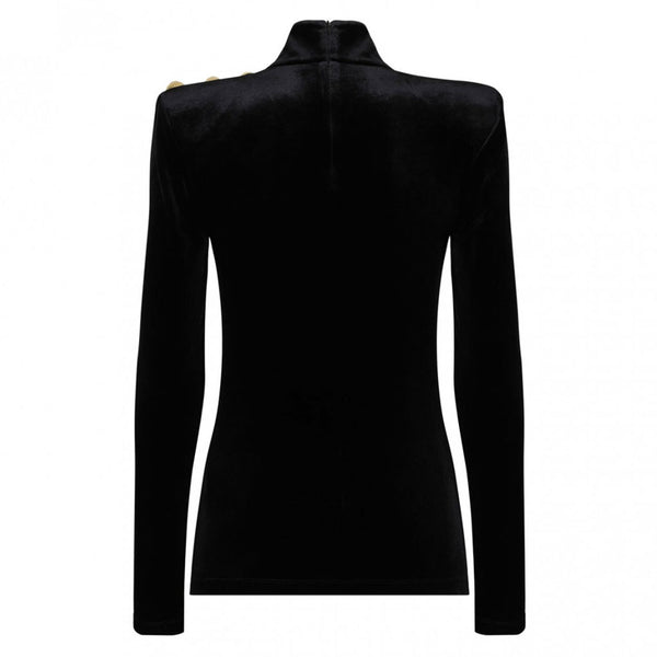 Metallic Buttoned High Neck Padded Shoulder Long Sleeve Slim Velvet Top