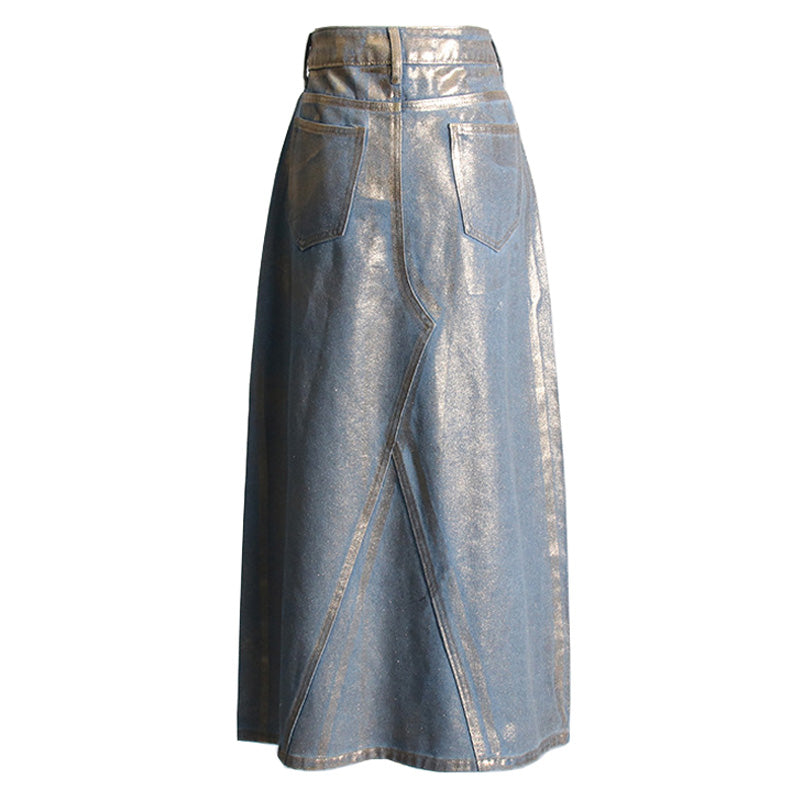 Metallic Foil Blue and Gold Hybrid High Waist A Line Midi Denim Skirt