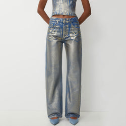 Metallic Foil Ombre High Waist Pocket Wide Leg Baggy Boyfriend Jeans