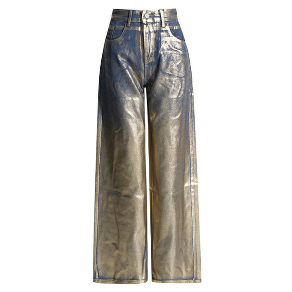 Metallic Foil Ombre High Waist Pocket Wide Leg Baggy Boyfriend Jeans