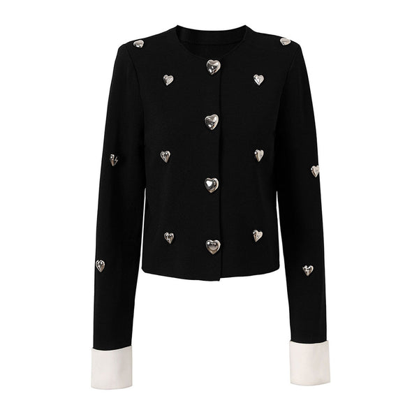 Metallic Heart Crew Neck Contrast Long Sleeve Button Up Crop Knit Cardigan