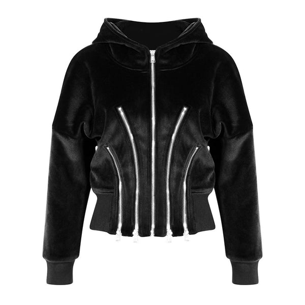 Metallic Multiple Zip Detail Long Sleeve Banded Crop Velvet Hoodie