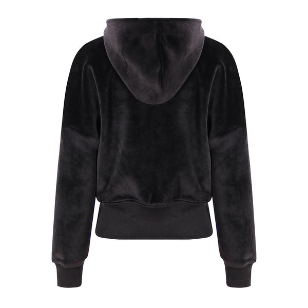 Metallic Multiple Zip Detail Long Sleeve Banded Crop Velvet Hoodie