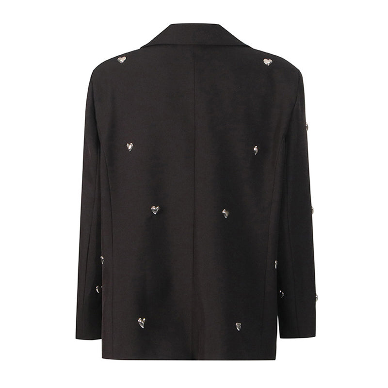 Metallic Puffy Heart Embellished Shoulder Pad Two Button Oversized Blazer