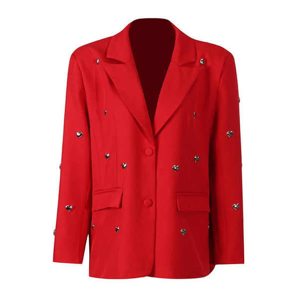 Metallic Puffy Heart Embellished Shoulder Pad Two Button Oversized Blazer