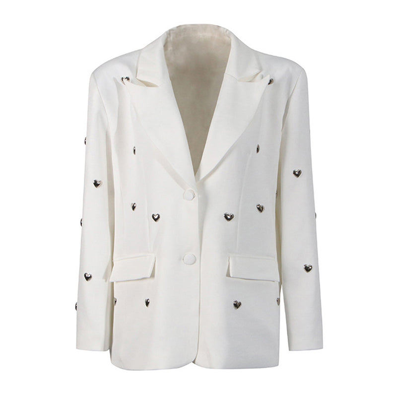 Metallic Puffy Heart Embellished Shoulder Pad Two Button Oversized Blazer