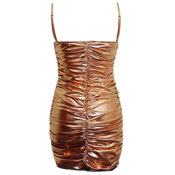 Metallic Spaghetti Strap Ruched Bodycon Club Mini Dress - Gold