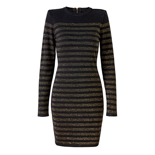 Metallic Striped Button Detail Long Sleeve Bandage Knit Bodycon Mini Party Dress