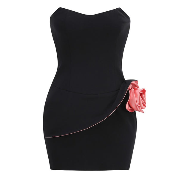 Minimalist Contrast Rosette Embellished Bodycon Tube Micro Mini Party Dress