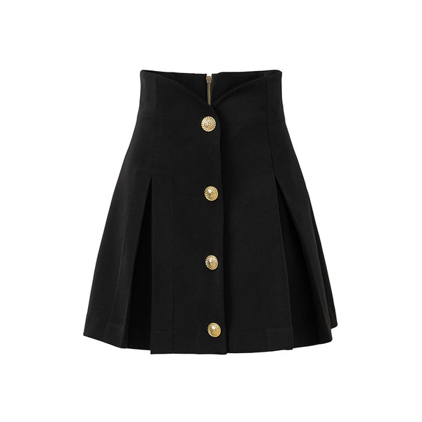 Minimalist High Waist Gold Button Trim Godet Paneled A Line Skater Mini Skirt