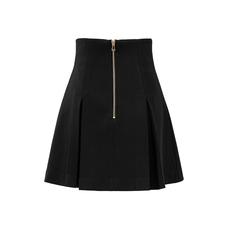 Minimalist High Waist Gold Button Trim Godet Paneled A Line Skater Mini Skirt