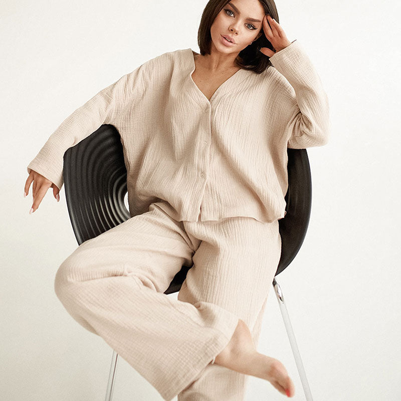 Minimalist Long Sleeve V Neck Button Up Oversize Cotton Gauze Lounge Set