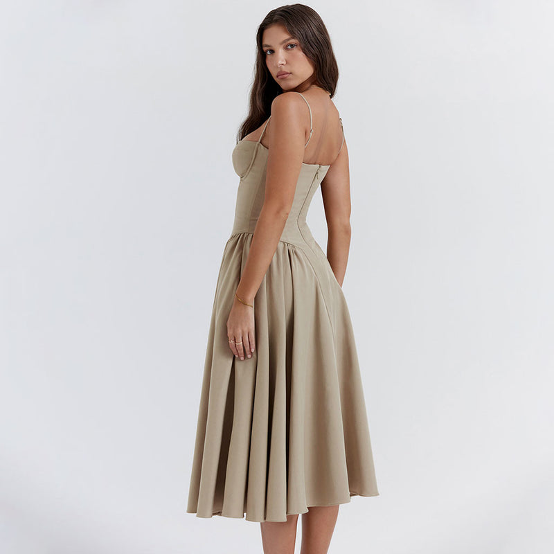 Minimalist Solid Sweetheart Neck Drop Waist Fit and Flare Midi Cami Sundress