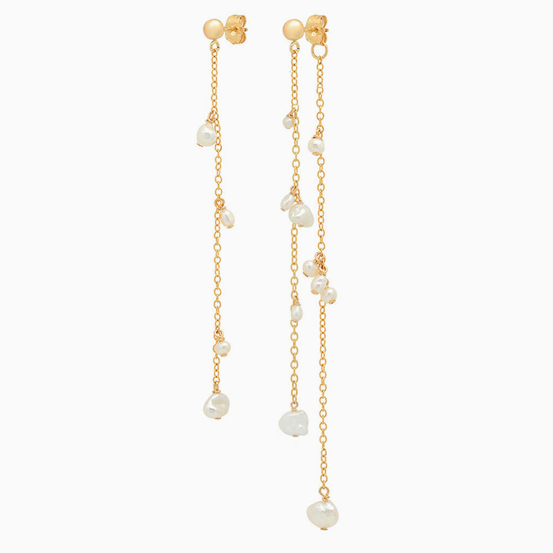 Mismatched Two Tone 18K Gold Plated Baroque Pearl Drop Linear Earrings