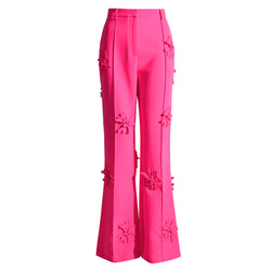 Modern Floral Appliqué High Rise Straight Leg Crepe Pants