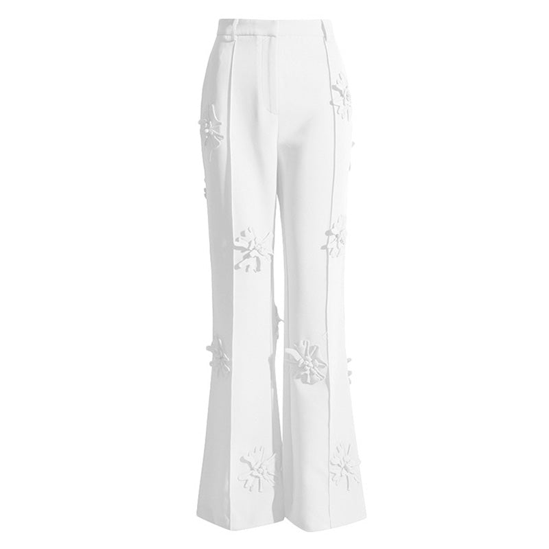 Modern Floral Appliqué High Rise Straight Leg Crepe Pants