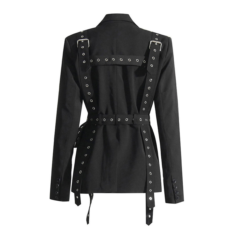 Modern Grommet Eyelet Strappy Buckle Belt Lapel Single Breasted Blazer