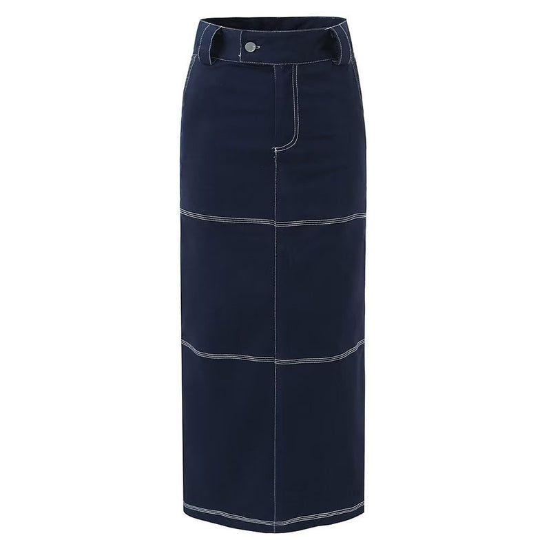 Modern High Waist Contrast Stitch Cotton Blend Back Split Maxi Straight Skirt