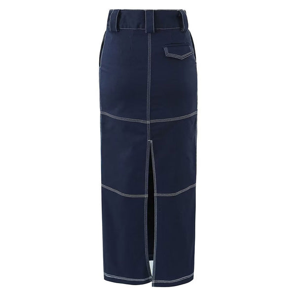 Modern High Waist Contrast Stitch Cotton Blend Back Split Maxi Straight Skirt