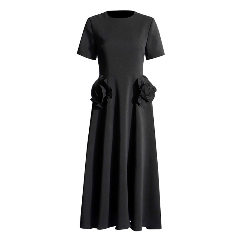 Modest Crew Neck Short Sleeve A Line Crepe Embellished Rosette Midi Dress