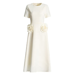 Modest Crew Neck Short Sleeve A Line Crepe Embellished Rosette Midi Dress