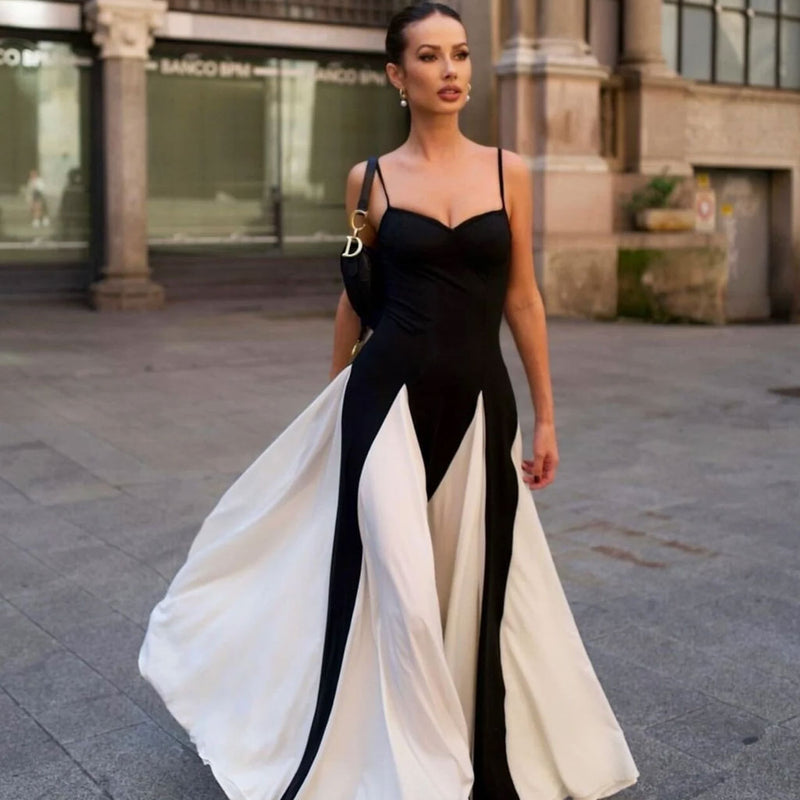 Monochromatic Black and White Sweetheart Neck Godet Slip Maxi Dress