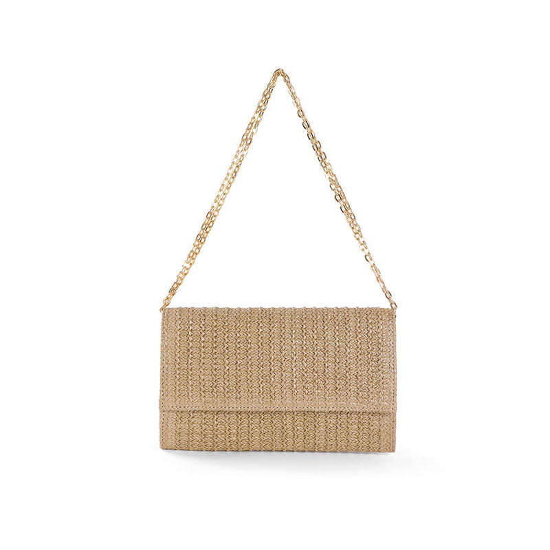 Natural Flap Top Metallic Chain Crossbody Raffia Woven Straw Clutch Bag