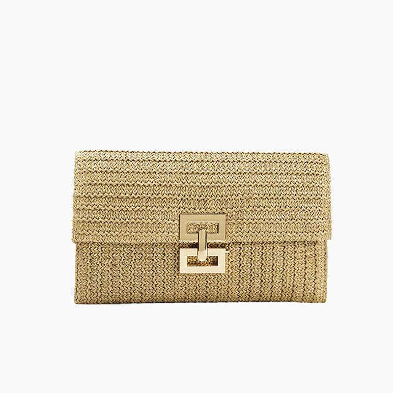 Natural Flap Top Metallic Clasp Crossbody Raffia Straw Woven Clutch Bag