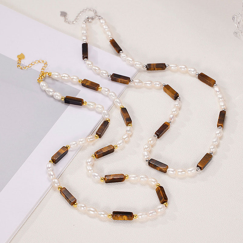 Natural Freshwater Pearl Beaded Baguette Cut Tiger Eye Choker Necklace