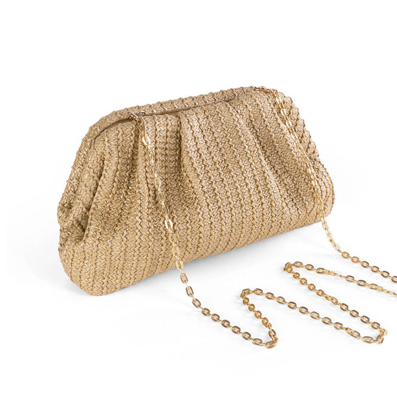 Natural Metallic Chain Clip Closure Ruched Raffia Straw Woven Clutch Bag