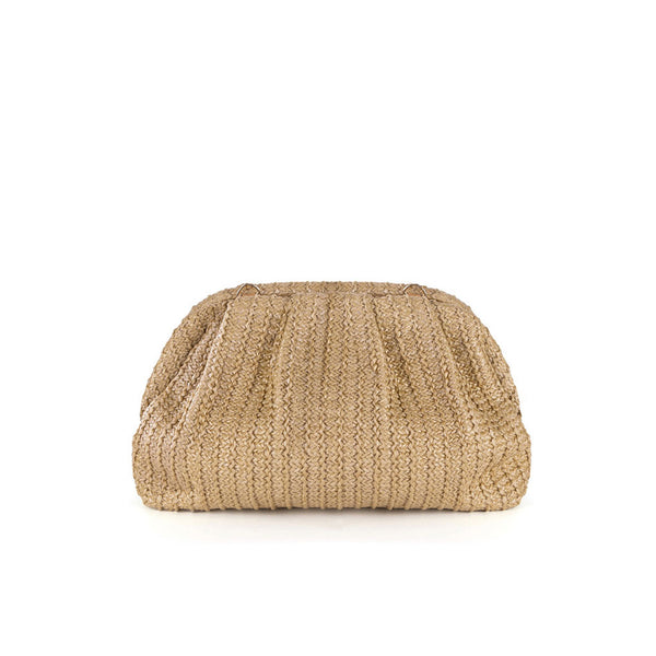 Natural Metallic Chain Clip Closure Ruched Raffia Straw Woven Clutch Bag