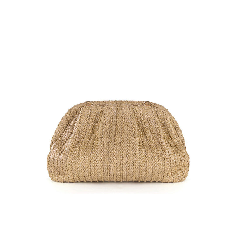 Natural Metallic Chain Clip Closure Ruched Raffia Straw Woven Clutch Bag