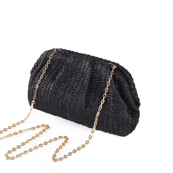 Natural Metallic Chain Clip Closure Ruched Raffia Straw Woven Clutch Bag