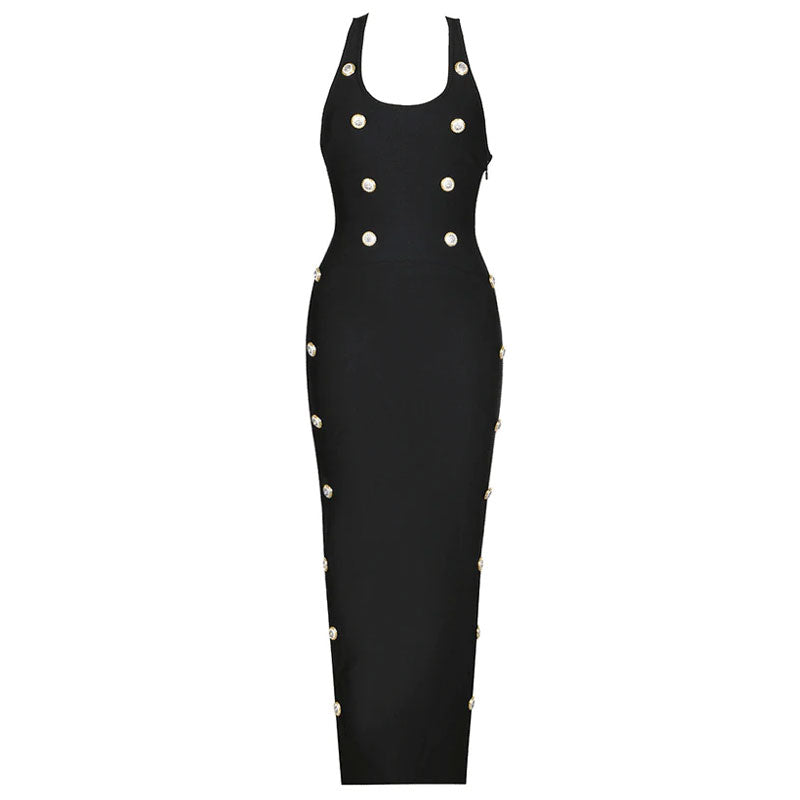 Nostalgic Button Trim Square Neck Racerback Bodycon Bandage Maxi Dress